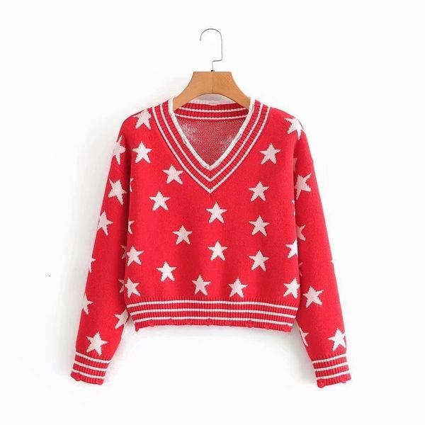 

women's sweaters elegant women star jacquard 2021 fashion ladies rad v-neck knitted sweet female chic loose pullovers 8r, White;black