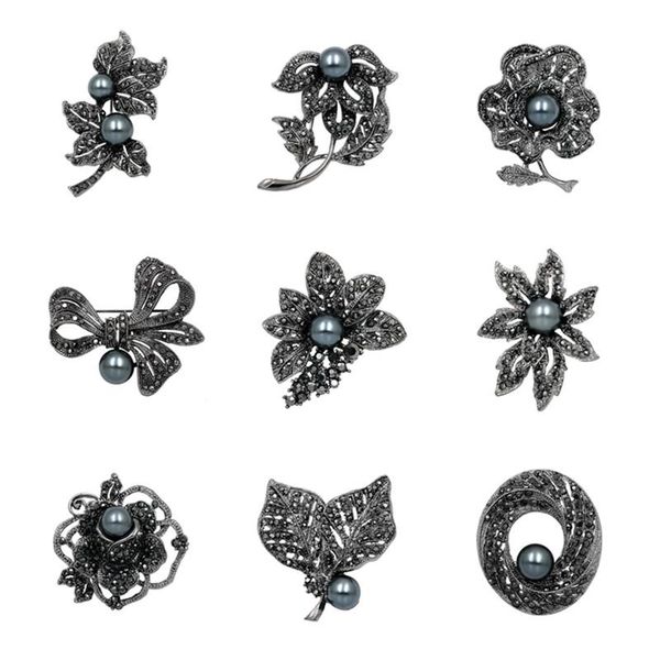 

pins, brooches retro gun black pearl flower for women suit men badge rhinestone leave bowknot pins scarves buckle jewelry accessories, Gray