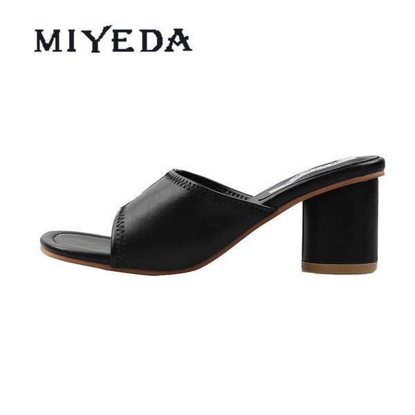 

slippers miyeda women summer square high heels leopard shallow female slides modern style zebra rome street lady shoes, Black