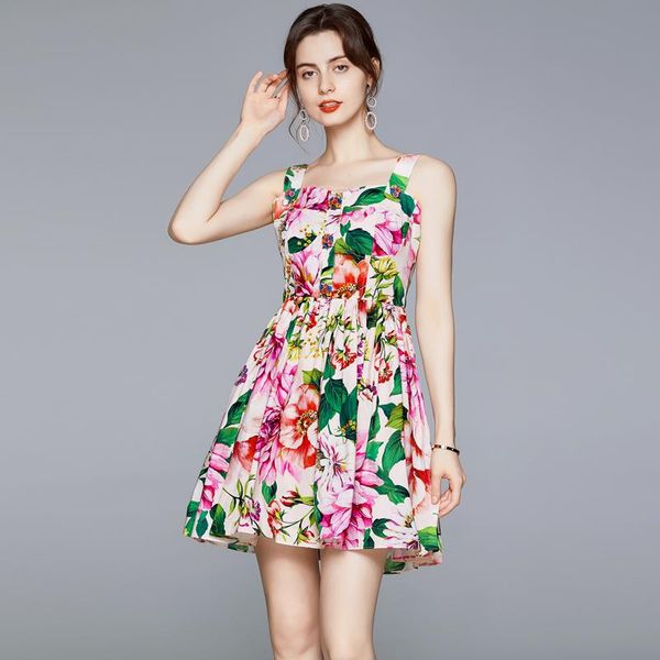 

casual dresses 2021 fashion designer runway flower button party dress summer women spaghetti strap backless floral print holiday, Black;gray