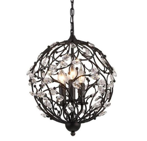 Lampadario di cristallo retrò americano sfera 3 ramo di fiori ferro nero moderno semplice lampadina E14 illuminazione nord europea