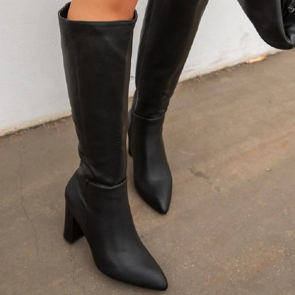 

boots women knee high autumn winter heels pu leather ladies long pointed toe waterproof zipper female shoes, Black