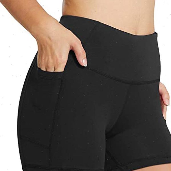 

womens splice high waist shorts leggings with side pockets high waist push up elastic short solid color bike bottoms, White;black