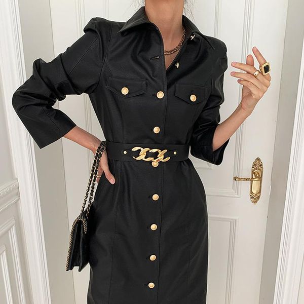 

[ewq] 2021 winter female new loose casual turn down collar solid color long sleeve minimalist lace up pu leather dress 8q398, Black;gray