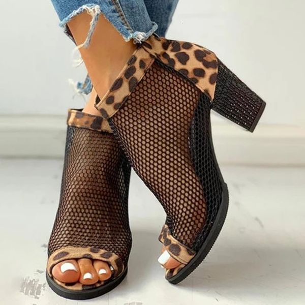 

2021 new women semmer square heel sandals peep toe hollow out mesh zip leopard high heels casual fashion ladies pumps mztw, Black