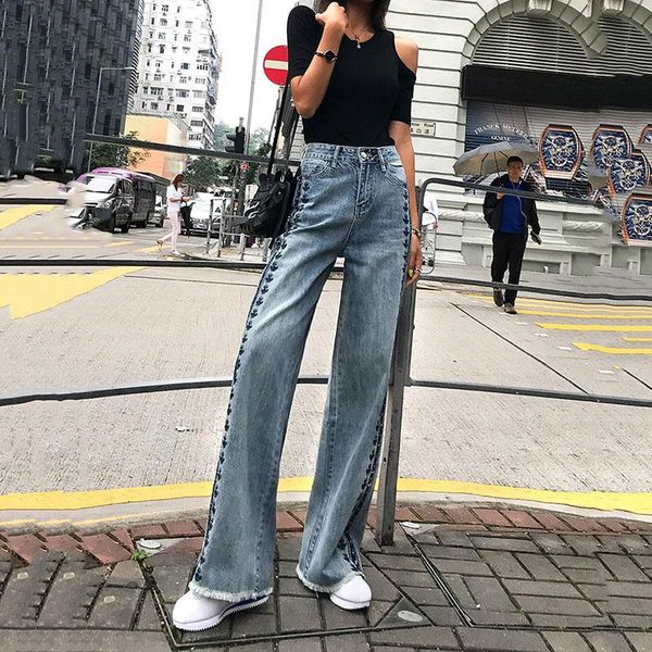 

women's jeans 2021 spring vintage embroidery wide leg pants women denim trousers female fashion longer high waist thinr k161, Blue