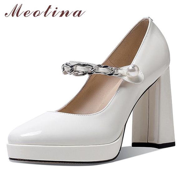 

dress shoes meotina mary janes woman patent leather pumps high chain heels thick square toe ladies footwear elegant, Black