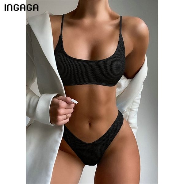 Ingaga seksi bikinis kadın mayo şınav mayo kadınlar yüksek kesim biquini nervürlü mayo siyah plaj bikini set 210702