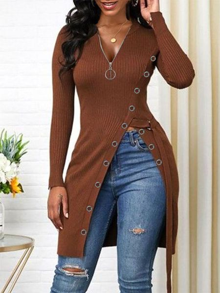 

women's blouses & shirts autumn split side button pure color long t shirt v-neck zipper women arrival solid loose, White