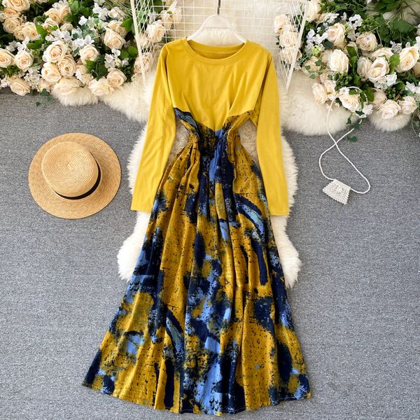

2021 autumn women's yellow patchwork maxi elegant round neck sleeve vintage long es boho chic fashion vestidos 9vkt, Black;gray