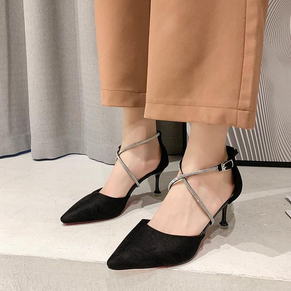 

dress shoes rhinestone cross belt high heels women summer flock pointed toe thin heel party stiletto, Black