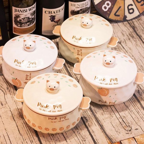 

bowls kawaii large ceramic instant noodles bowl with cover cute pig pattern rice soup container home kitchen tableware