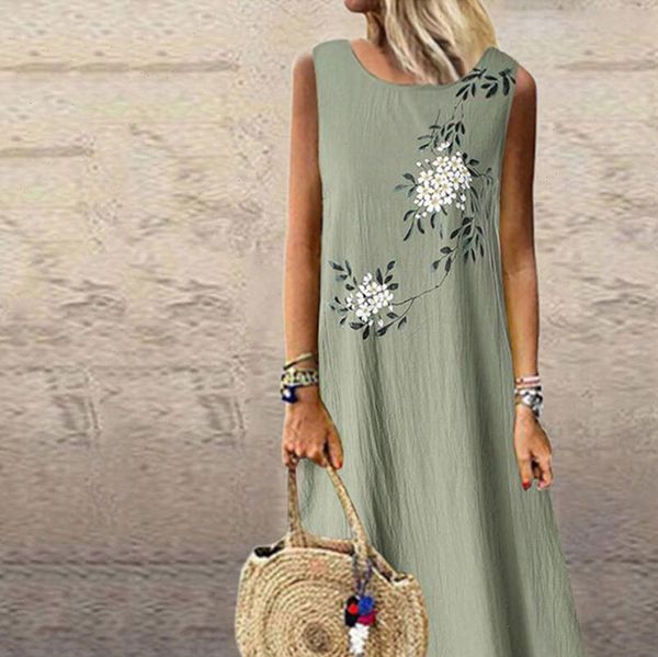 

womens maxi dress sleeveless vintage cotton and linen elegant dress print slim crop long dress ropa mujer 25, Black;gray