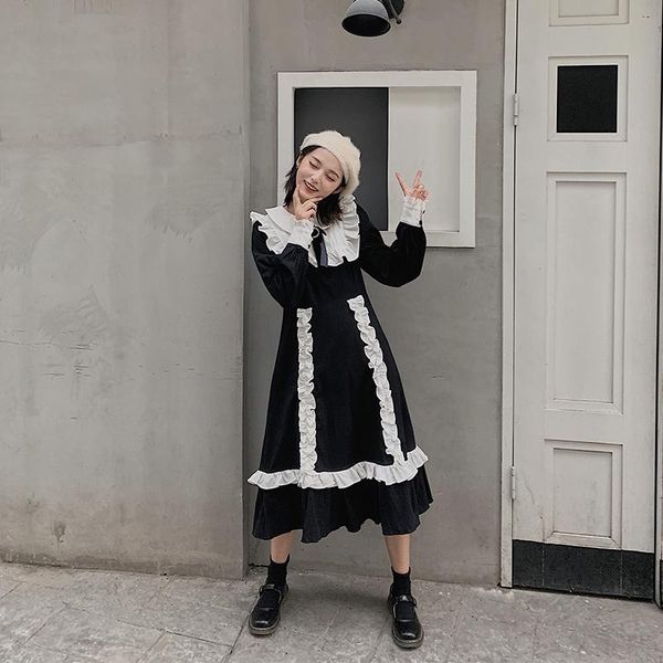 

casual dresses gothic japanese vintage sweet lolita dress falbala high waist long op kawaii girl victorian loli cosplay, Black;gray