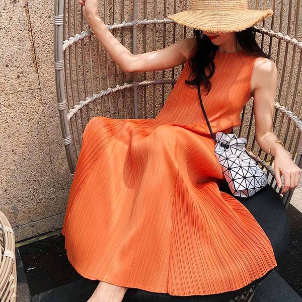 

2021 new pleated round collar sleeveless summer woman causal aesthetic clothes korean fashion elegant omighty lq5c, Black;gray