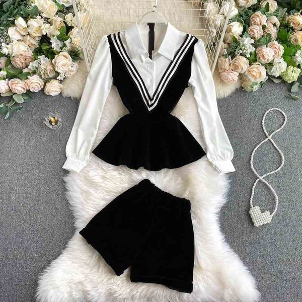 

spring autumn arrival long sleeve turn down collar black white slim shirt elastic shorts two piece set women mk491 210525