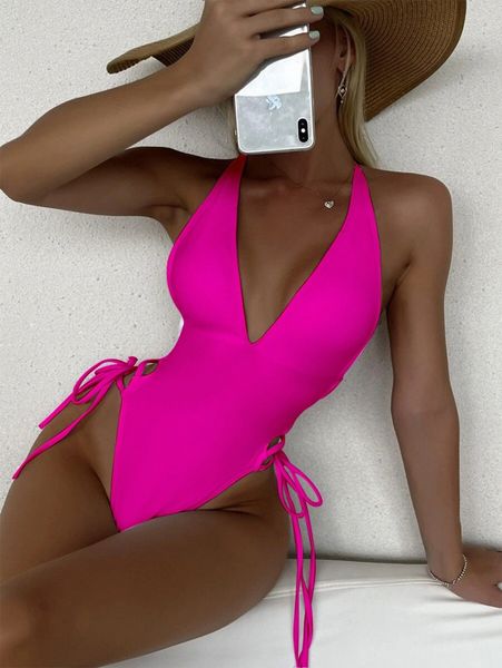 

drawstring plunging one piece swimsuit c13p#, White;black