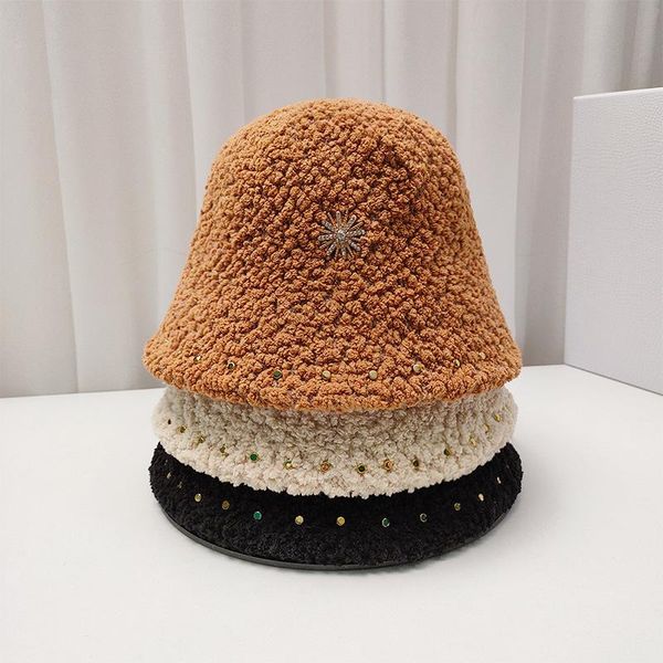 

wide brim hats winter style rivet women's fisherman hat thick warm lamb velvet basin outdoor wind and cold bucket, Blue;gray