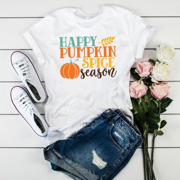 

women happy pumpkin spice season thanksgiving halloween fall autumn graphic ladies tshirt female womens tee shirt t t-shirt, White