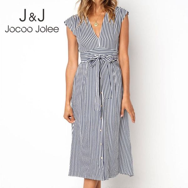 

casual dresses jocoo jolee summer short sleeve v neck striped a line dress sashes midi elegant long beach streetwear, Black;gray