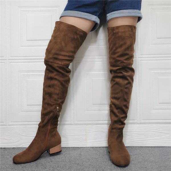 

boots fashion leather women's shoes winter chunky heels zipper elegant ladies brown flock over the knee 42 43 real po, Black