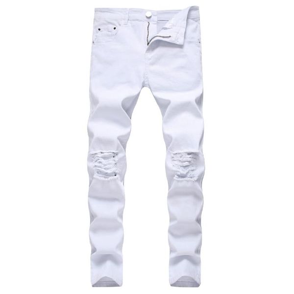 Jeans masculinos Sólidos White Rasgado Homens 2021 Classic Retro Mens Skinny Marca Elástica Denim Calças Calças Casuais Slim Fit Lápis Pant