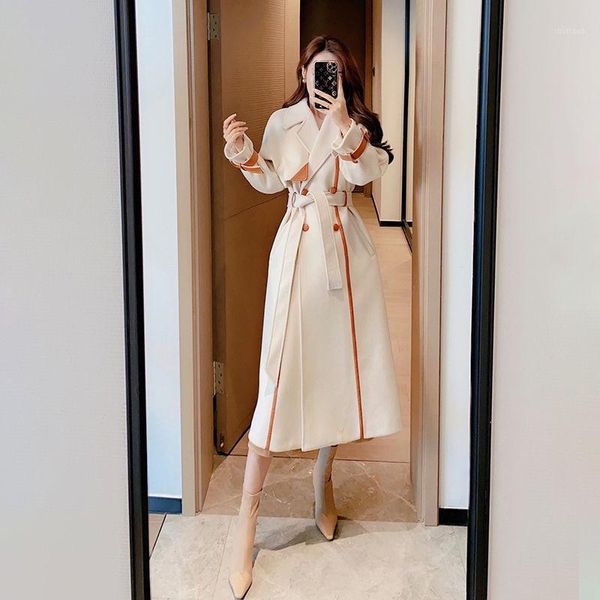 

women's wool & blends women 2021 autumn winter elegant long coat with belt female solid color sleeve chic outerwear ladies overcoat z58, Black