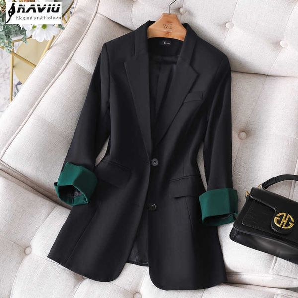 

naviu fashion elegant women formal blazer black and beige color long sleeve jacket office wear ladies coat 210604, White;black