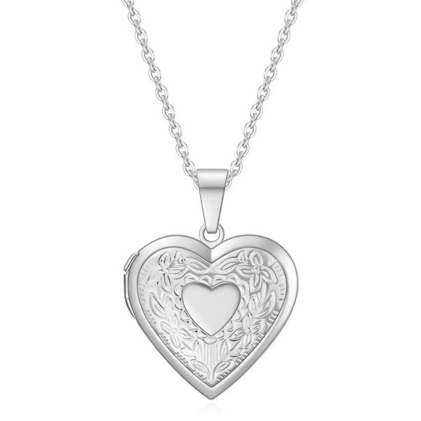

pendant necklaces unique carved design heart-shaped po frame necklace charm openable locket women men memorial jewelry, Silver