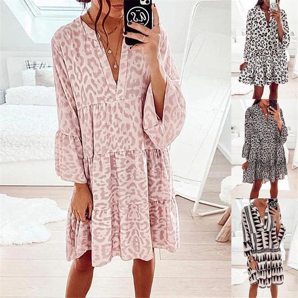 

casual dresses spring summer 2021 style explosive europe and america printed long sleeve loose v-neck patchwork dress women, Black;gray