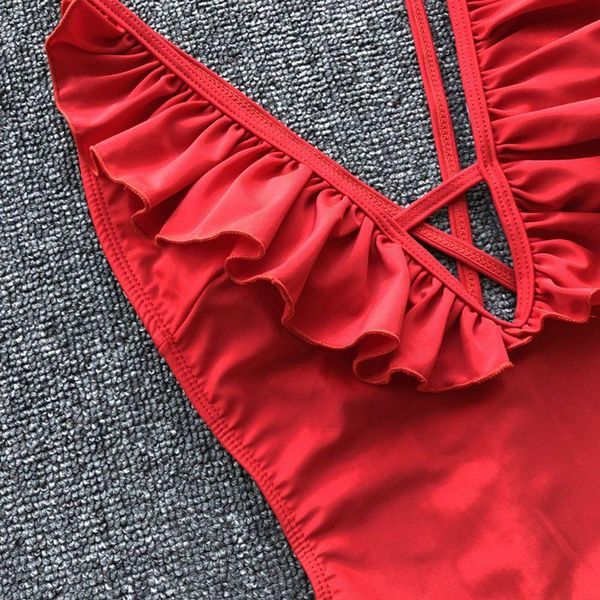 

women one piece bikini plunging v-neck solid color monokini keyhole hollow ruffles patchwork swimsuit high cut cross