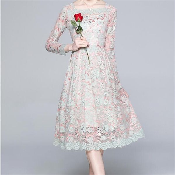 

fashion lace dresses runway square hollow out party dress slim temperament elegant women's work casual vestidos 210603, Black;gray