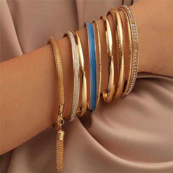 

bangle simple boho yoga sets tassel bracelet for women geometric gold color zircon wrist charms party jewelry 9pcs, Black