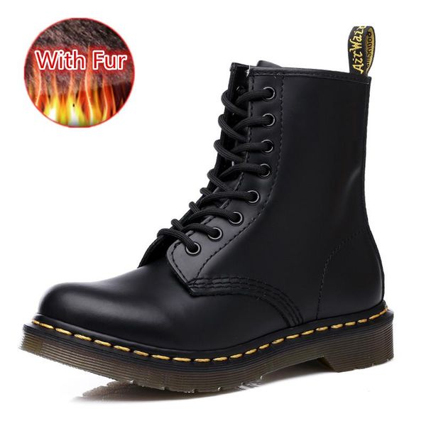 

boots women winter with fur leather motorcycle ankle platform snow shoes, Black