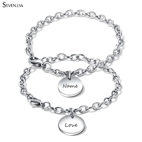 

charm bracelets stainless steel round pendant couple bracelet custom carving name jewelry link chain for women and men gifts, Golden;silver