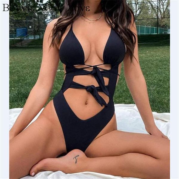 

women solid v-neck strappy skinny cut-out one-piece swimwear