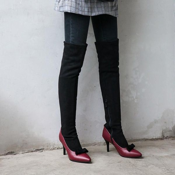

boots ymechic stiletto high heels long bowtie faux pumps winter womens shoes slim suede over knee ride big size, Black