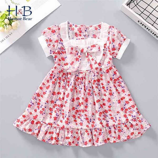 

girls dress summer short-sleeve floarl printed bow patchwork princess toddler kids clothes 210611, Red;yellow