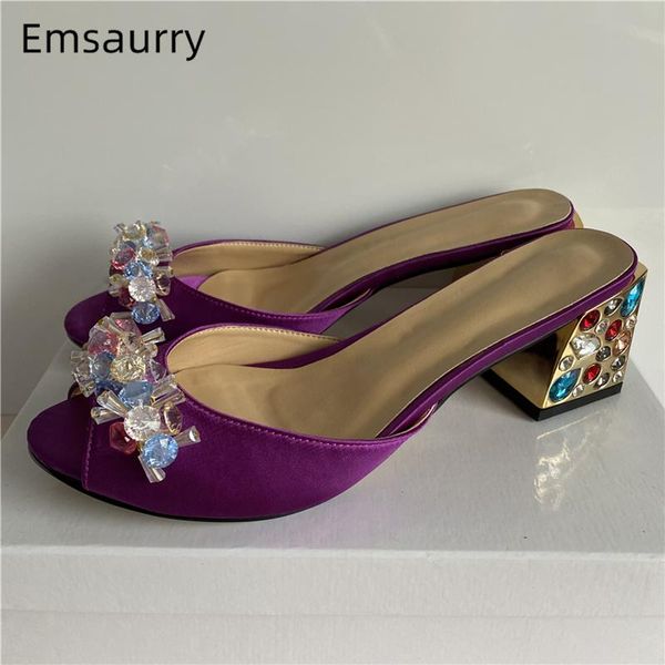 

sandals sweet crystal candy flower decor lady mules diamond square heel open toe slingbacks luxury satin women summer, Black