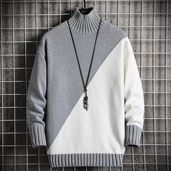 

men's sweaters 2021 autumn and winter half high collar fashion color matching sweater loose hair, White;black