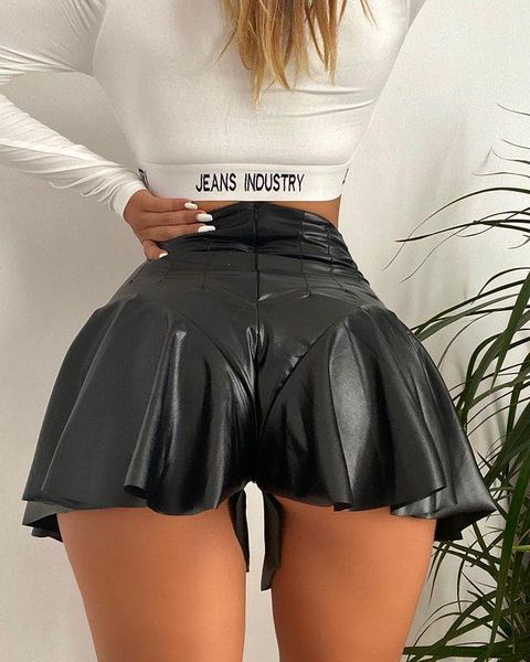 

women's shorts 2021 women pu lether skirts high waist soild color party clubwear summer fashion a-line mini, White;black
