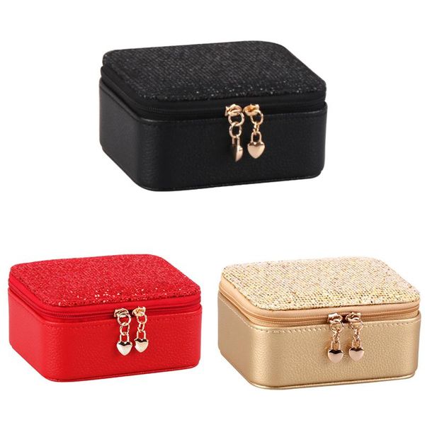 

jewelry pouches, bags zipper closure ring storage box mini earrings organizers pu leather portable travel multi compartment, Pink;blue