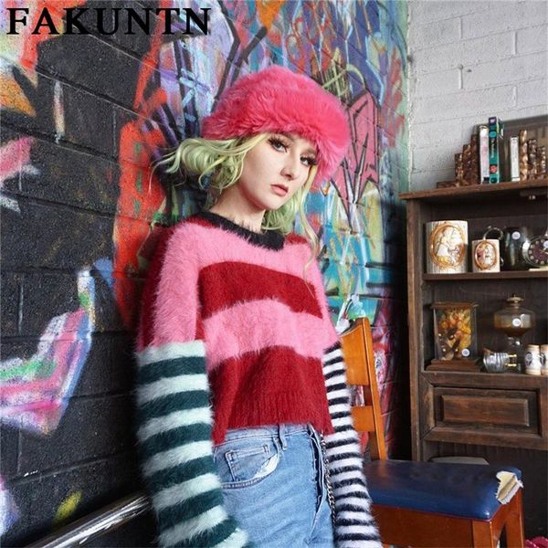 

women's sweaters knit y2k kawaii pullover 2021 fashion vintage long sleeve jumper knitted sweaters women clothing, White;black
