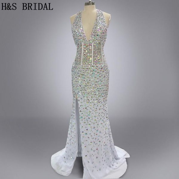 

party dresses real sample elegant v neck chiffon crystal heavy beaded sleeveless halter backless floor length luxury long evening 2021, White;black