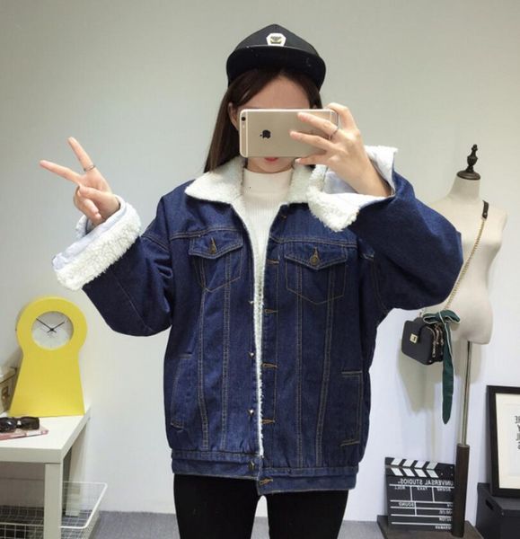 

wholesale-new warming outerwear women jeans jackets woolen women jeans bomber jacket thicken the lambs wool denim jacket, Black;brown