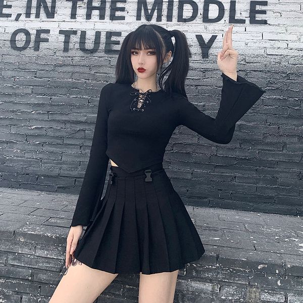 

flare long sleeve crop gothic women bodycon bandage hollow out solid black tshirts autumn female casual top, White