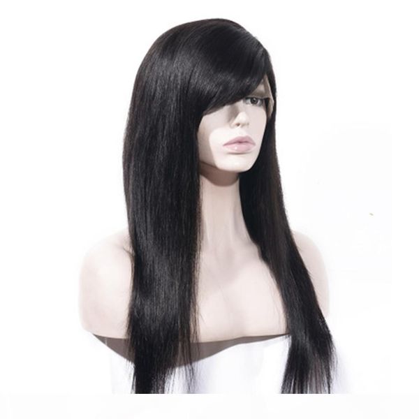 

cambodian straight full lace human hair wigs 130% density natural color long lace front wig with bang, Black;brown