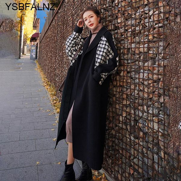

women's wool & blends coats female woolen long winter 2021 christmas red korean loose plaid fashion stitching warm womens jacket clothi, Black