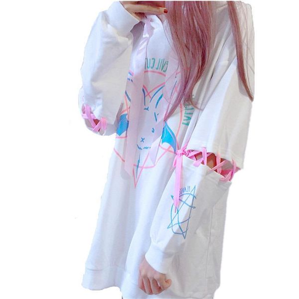

harajuku lolita style women sweatshirt rabbit pentacle print lace up sleeves hoodies casual loose oversized long pullocer top, Black