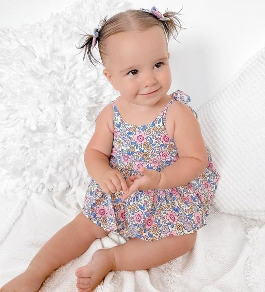 

clothing sets 2pcs baby girls outfit, sweet style summer floral printing lace up shoulder strap sleeveless suspender romper + headwear set, White